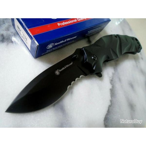 Couteau Smith&Wesson Black Ops Recurve A/O Lame Acier 8Cr13MoV Manche G10 Linerlock Clip SW1147098