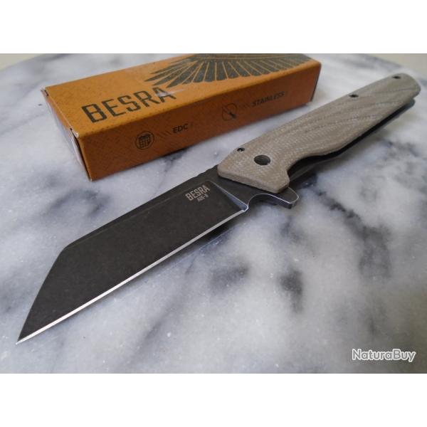 Couteau Ontario Besra Cleaver Lame Acier AUS-8 Manche Micarta/Titane IKBS Framelock Clip ON9000