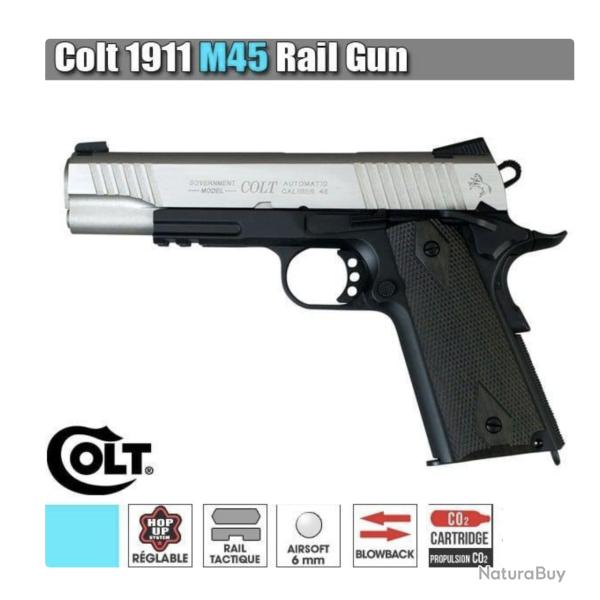 R�plique Airsoft Colt 1911 M45A1 Bicolore Rail Gun Full Metal Co2 1.1J