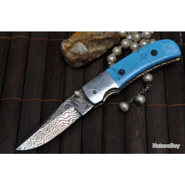 RARE ET SUPERBE COUTEAU DE POCHE DAMAS PIERRE DE TURQUOISE