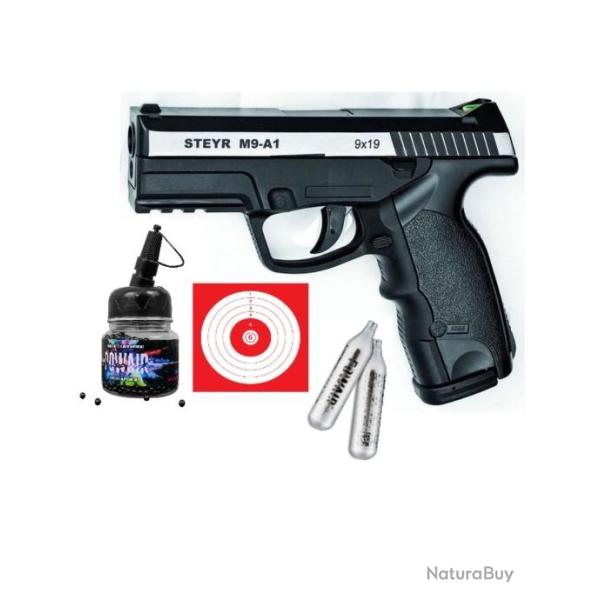 PISTOLET ASG STEYR M9-A1 BICOLORE cal 4.5 mm BB's Co2 + 1500 billes BB's noires + 5 co2 + 10 cibles