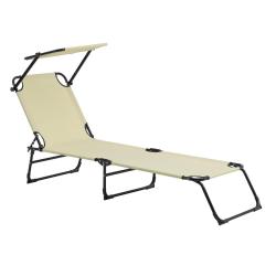 Bain de soleil transat chaise longue pliable avec pare-soleil acier PVC polyester 187 cm cr&egrave;me 03_0