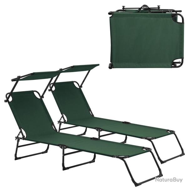 Lot de 2 transats pliable avec toiture pare-soleil de relax acier 190 cm vert fonc� 03_0004514