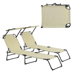 Lot de 2 transats pliable avec toiture pare soleil de relax acier 190 cm cr&egrave;me 03_0004511