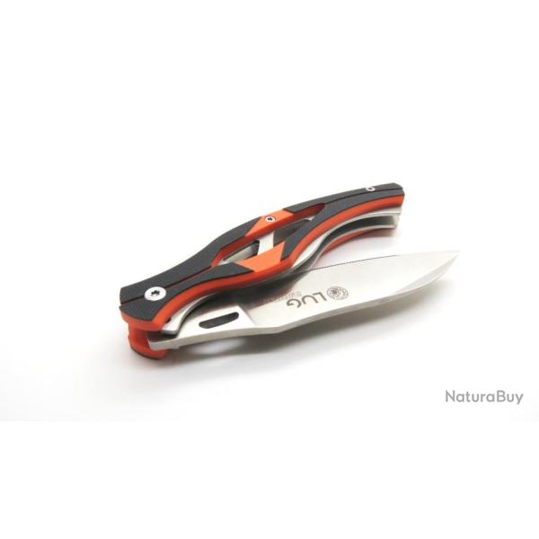 Couteau RAVEN manche G10 Orange Noir, finition ACIER BROSSE liner-lock, couteau LUG