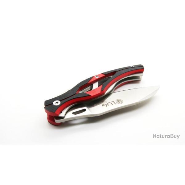 Couteau RAVEN manche G10 Rouge Noir, finition ACIER BROSSE liner-lock, couteau LUG