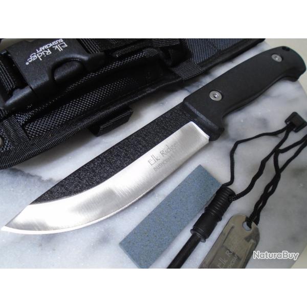 Couteau Elk Ridge Bushcraft Survie Acier 440 Manche FRN Black Etui Affuteur Fire Starter ER555BK