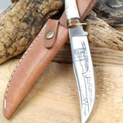 Couteau Manche en Os Lame en acier inox Gravure &agrave; la lame Etui en Cuir