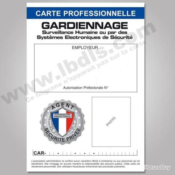 Carte PRO GARDIENNAGE avec n� d'identification