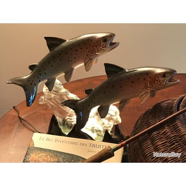 Exceptionnelle lampe truites en c�ramique sur pied cristal ann�es 50