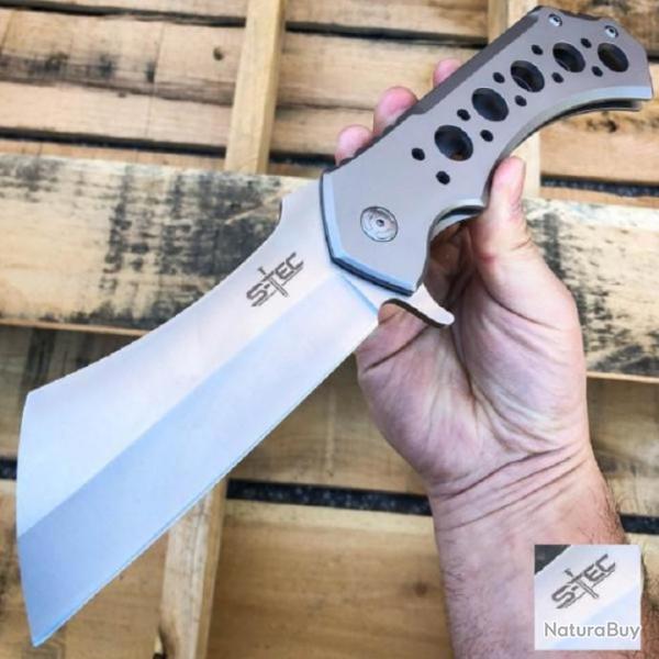 G�ant Couteau S-TEC Framelock Cleaver Lame Acier 440 Manche Acier Clip Etui Nylon STTS004SL