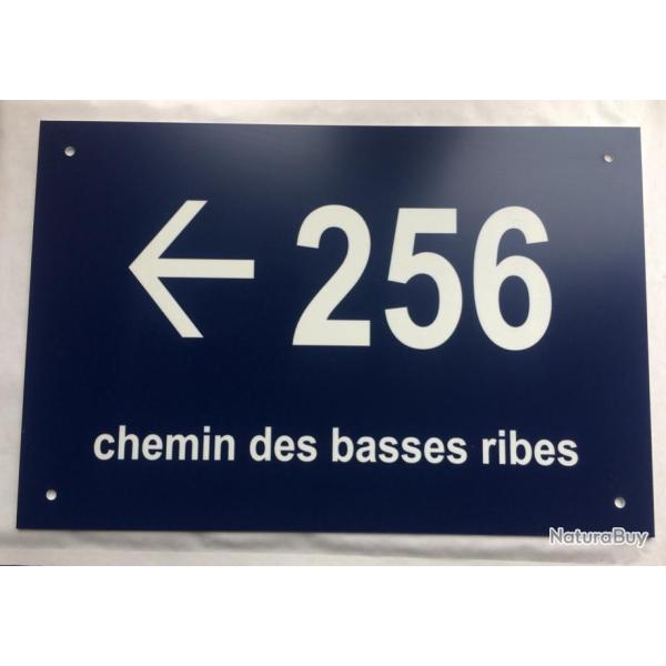 num�ro de rue et nom de rue personnalis� + fleche � gauche plaque pvc format 100 x 150 mm fond BLEU