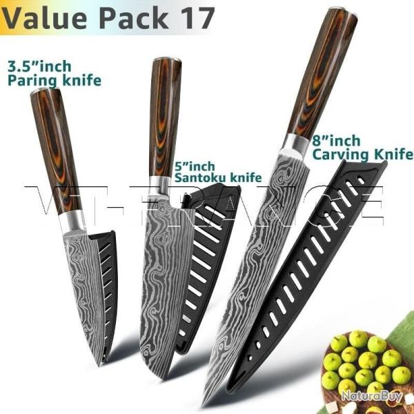 Set Couteau Japonais Cuisine Pro Gyuto Lame Inox Damas-PACK 17.
