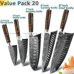 Set Couteau Japonais Cuisine Pro Gyuto Lame Inox Damas-PACK 20