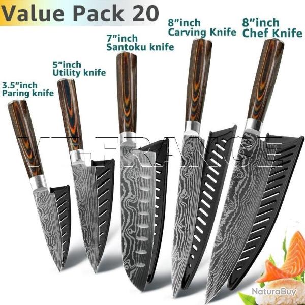 Set Couteau Japonais Cuisine Pro Gyuto Lame Inox Damas-PACK 20