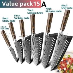 Set Couteau Japonais Cuisine Pro Gyuto Lame Inox Damas-PACK15A