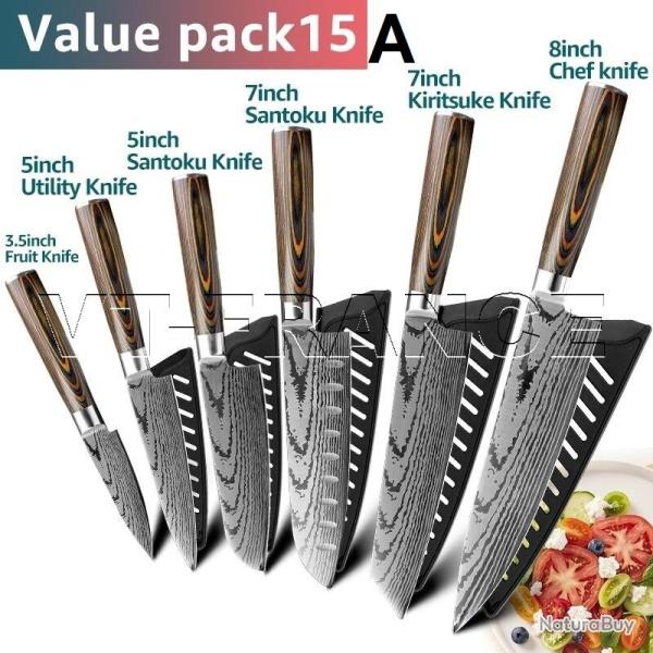 Set Couteau Japonais Cuisine Pro Gyuto Lame Inox Damas-PACK15A