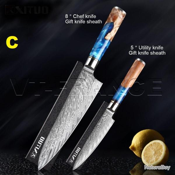 Couteau Cuisine Pro Lame Damas Japon 67 Couches, Modele: C