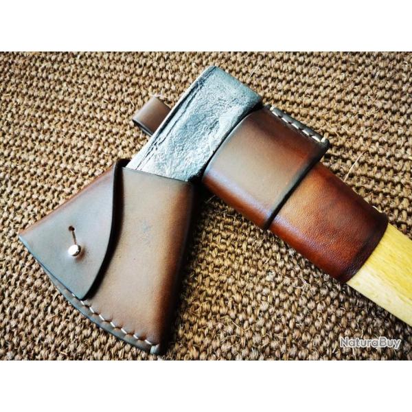Hachette bushcraft acier tremp avec kit cuir artisanal.Entirement fait  la main