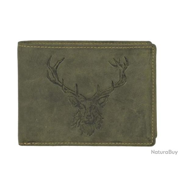 PORTEFEUILLE EN CUIR VERT MOTIF CERF