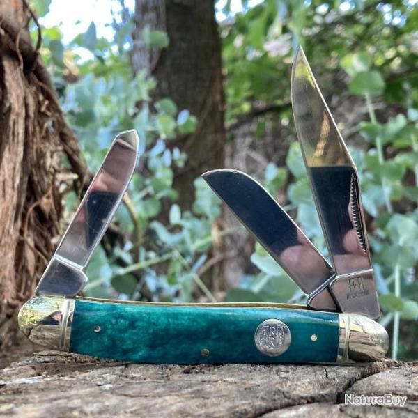 Couteau Rough Rider Stockman Blue Bone Manche Os Lames Acier 440 RR1954