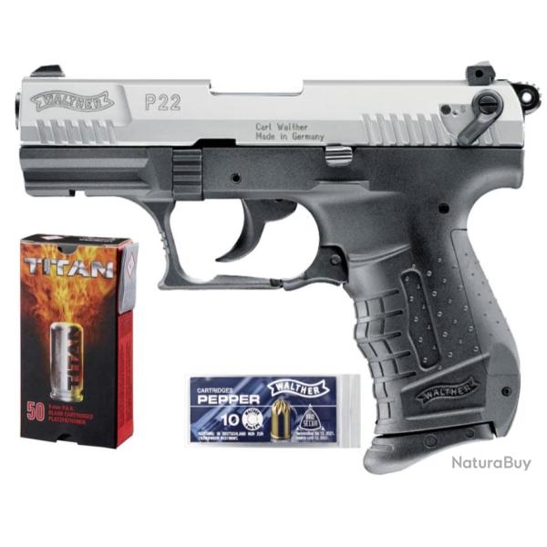 Pack Walther P22 9mm PAK BICOLOR  Noir / Sylver 50 MUNITIONS � blanc + 10 Munitions POIVRE ou CS P