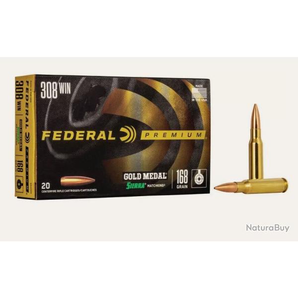Munitions FEDERAL PREMIUM Cal.308win 168gr GOLD MEDAL SIERRA MATCHKING BTHP par 20