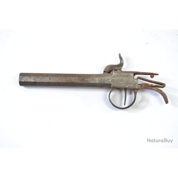 Pistolet � coffre � poudre noire percussion BREZOL ROBIN A CAEN. Canon damas