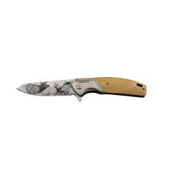 Couteau chasse pliant lame acier inox 8cm manche bois grav&eacute; cerf