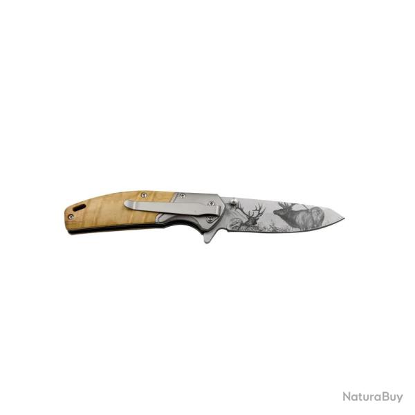 Couteau chasse pliant lame acier inox 8cm manche bois grav� cerf