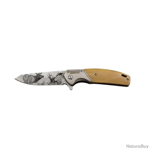 Couteau chasse pliant lame acier inox 8cm manche bois grav� cerf
