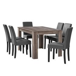 Table &agrave; manger en ch&ecirc;ne ancien avec 6 chaises gris-fonc&eacute; cuir-synth&eacute;tique rembourr&eacute; 140x90 cm 03_00