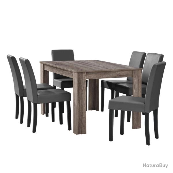 Table � manger en ch�ne ancien avec 6 chaises gris-fonc� cuir-synth�tique rembourr� 140x90 cm 03_00