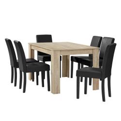 Table &agrave; manger ch&ecirc;ne brilliant avec 6 chaises noir cuir-synth&eacute;tique rembourr&eacute; 140x90 cm 03_0004051