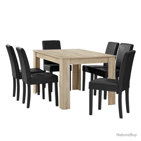 Table � manger ch�ne brilliant avec 6 chaises noir cuir-synth�tique rembourr� 140x90 cm 03_0004051
