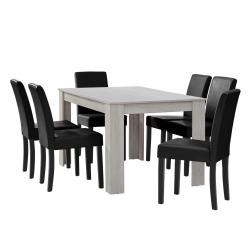 Table &agrave; manger ch&ecirc;ne blanc avec 6 chaises noir cuir-synth&eacute;tique rembourr&eacute; 140x90 cm 03_0004042