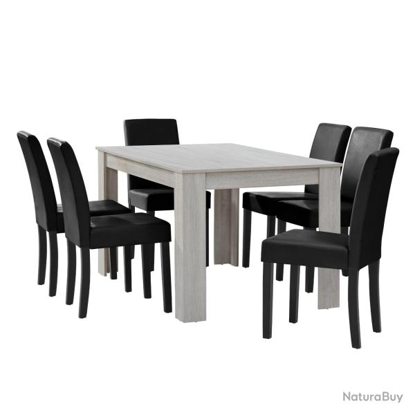 Table � manger ch�ne blanc avec 6 chaises noir cuir-synth�tique rembourr� 140x90 cm 03_0004042