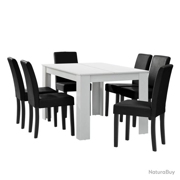 Table � manger blanc mat avec 6 chaises noir cuir synth�tique rembourr� 140x90 cm 03_0004024