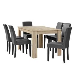 Table &agrave; manger ch&ecirc;ne avec 6 chaises gris fonc&eacute; cuir-synth&eacute;tique rembourr&eacute; 140x90 cm 03_0004049