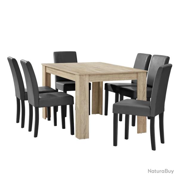 Table � manger ch�ne avec 6 chaises gris fonc� cuir-synth�tique rembourr� 140x90 cm 03_0004049