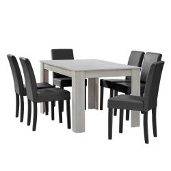 Table &agrave; manger ch&ecirc;ne blanc avec 6 chaises gris fonc&eacute; cuir-synth&eacute;tique rembourr&eacute; 140x90 cm 03_0004035