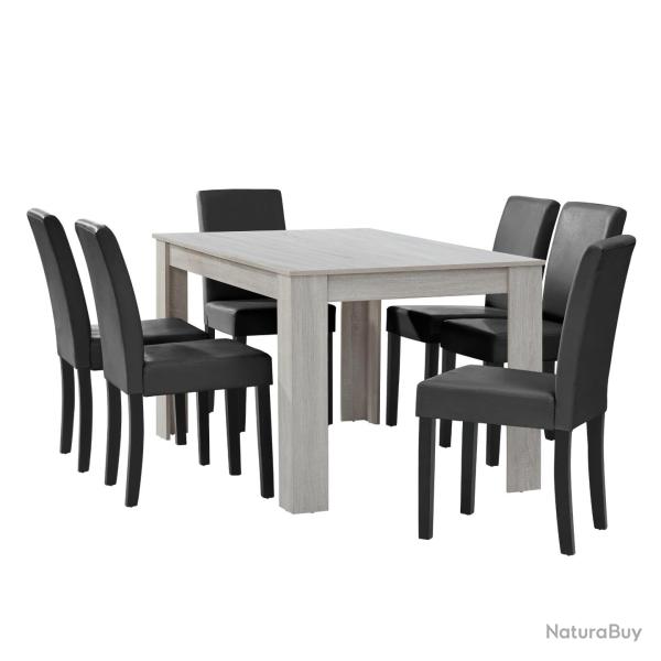 Table � manger ch�ne blanc avec 6 chaises gris fonc� cuir-synth�tique rembourr� 140x90 cm 03_0004035