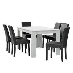 Table &agrave; manger blanc mat avec 6 chaises gris fonc&eacute; cuir synth&eacute;tique rembourr&eacute; 140x90 03_0004022
