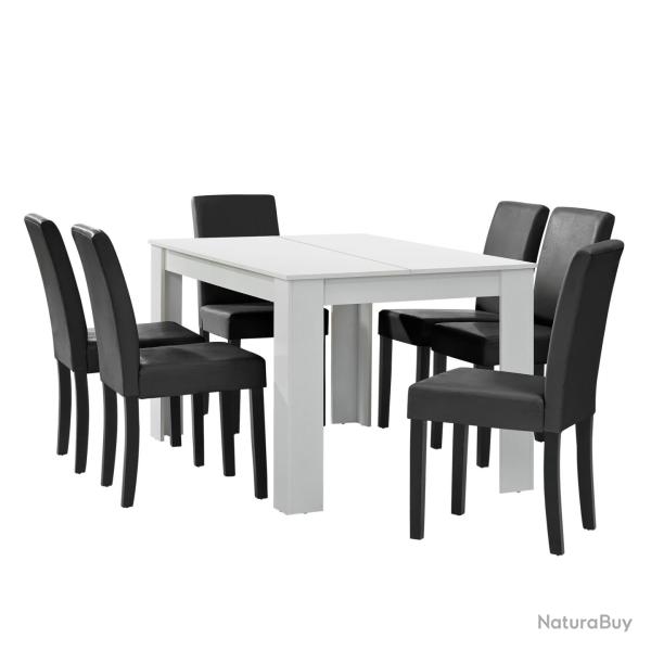 Table � manger blanc mat avec 6 chaises gris fonc� cuir synth�tique rembourr� 140x90 03_0004022