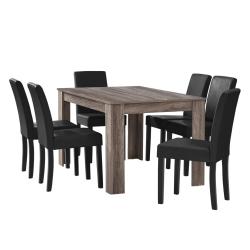Table &agrave; manger en ch&ecirc;ne ancien avec 6 chaises noir cuir-synth&eacute;tique rembourr&eacute; 140x90 cm 03_0004075