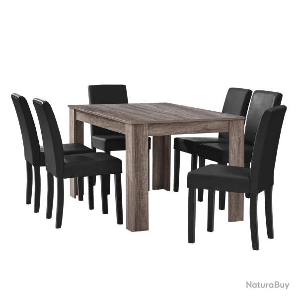 Table � manger en ch�ne ancien avec 6 chaises noir cuir-synth�tique rembourr� 140x90 cm 03_0004075