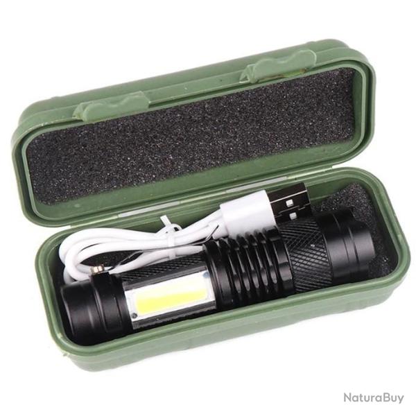 LAMPE TORCHE TACTIQUE RECHARGEABLE DANS BO�TE AVEC BANDE LAT�RALE COB, STROBOSCOPE, ZOOM (NEUVE)