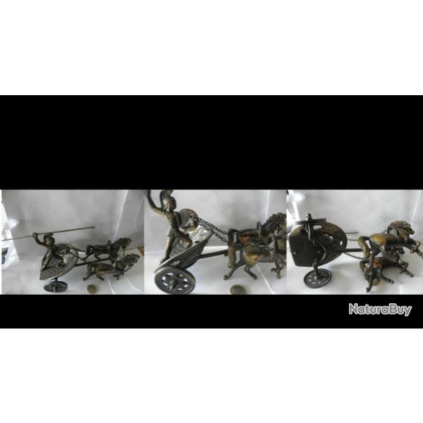 vintage figurine sparta, chevaux et char en laiton