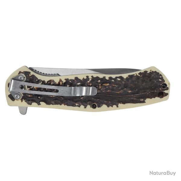Couteau chasse pliant lame acier inox 9cm manche imitation corne