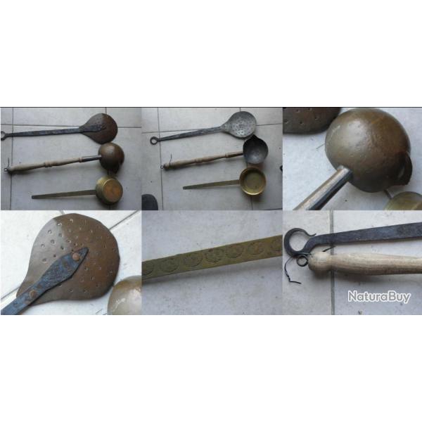 antique louche et passoire en cuivre xix eme + autre